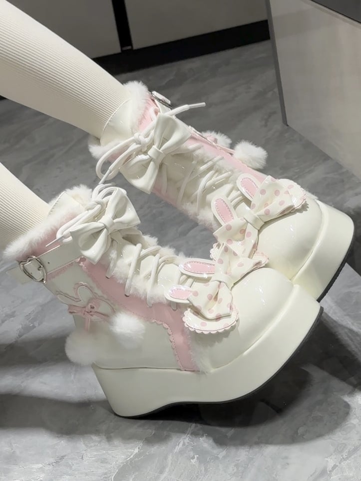 Theme Heart White Lining Buckle Bunny - Ankle Plush Boots Lolita Platform with Sweet
