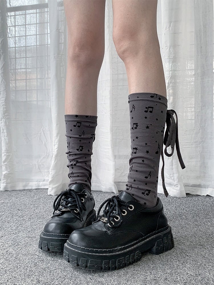 Gray & Black Star & Music Note Pattern Calf Socks with Strap Decoration - Solkatt