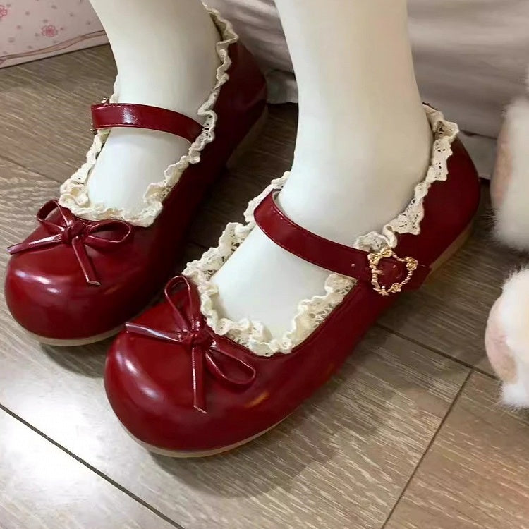 Red Accents Shoes Wine Sweet Jane 1.5cm Heeled Bow Snap with Design Mary Heart-shaped Lolita