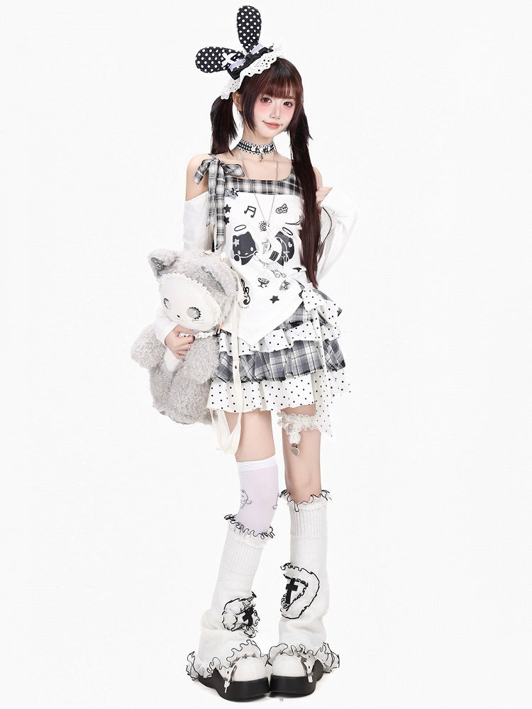 Ivory Asymmetric Tartan Cutout Top with Celestial Kitten Print - CRAZY GIRL
