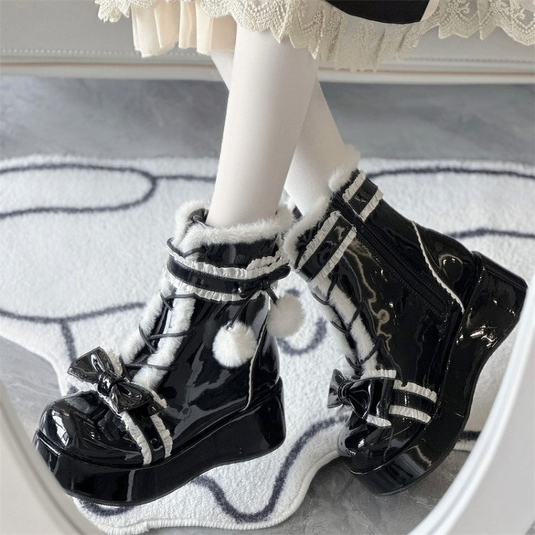 PU Sweet Lolita Black Platform Winter Boots with Bow & Pom-Pom Decor, Size 35 - Jiang Jiang Little Cookies