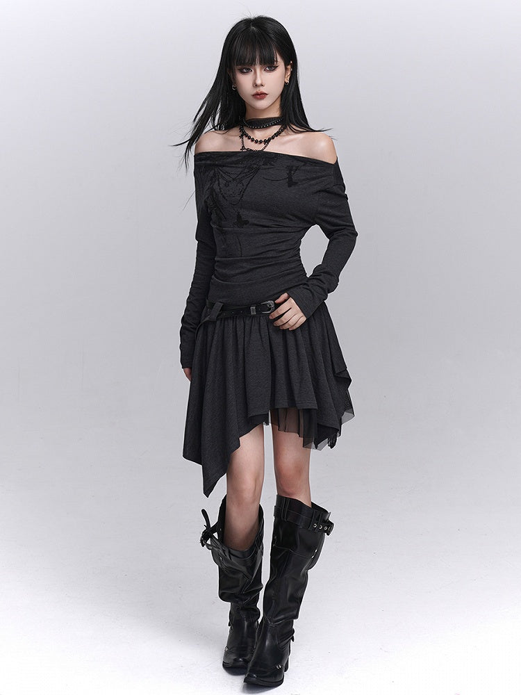 Off-Shoulder Dark Gray Dress Strap Graffiti Hem with Neck Gothic Handkerchief