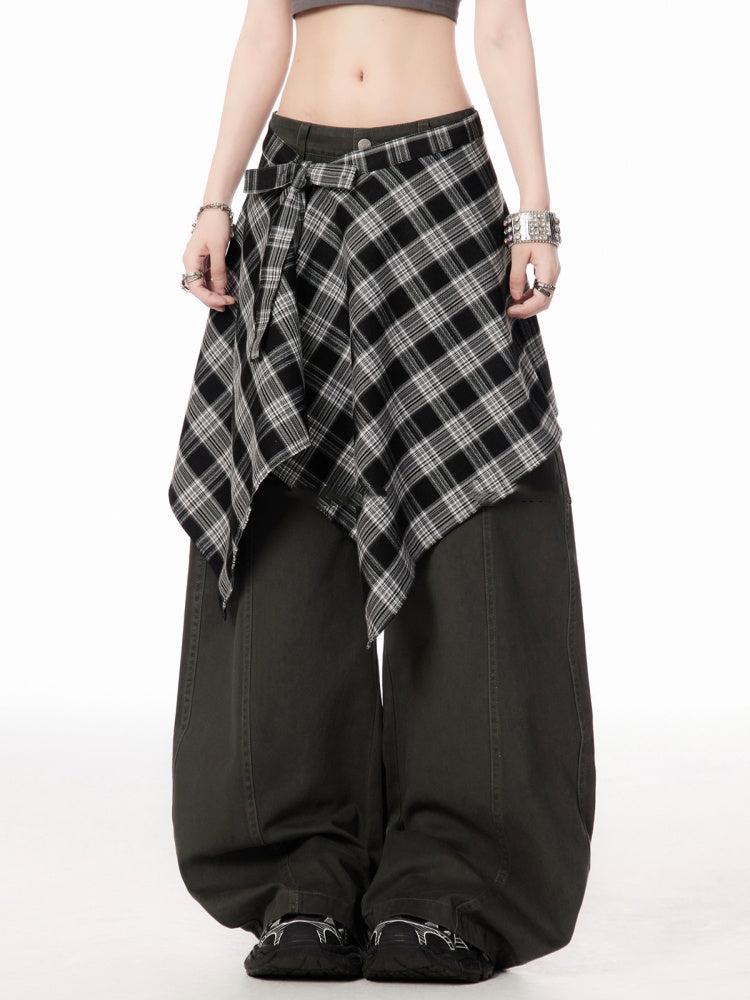 Rise Vintage Gray/Brown Dark with Plaid Waist Accessory Wide-leg Pants Low