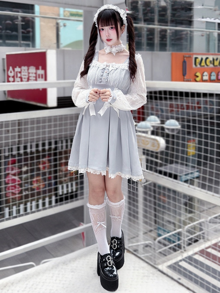 Kei Square Dress Dusty Lace Long-Sleeve Jirai Bow Neck Blue