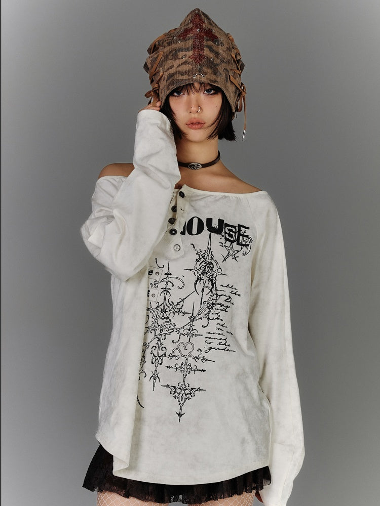 Apricot Off-the-shoulder Graphic Cotton Top Distressed Neckline