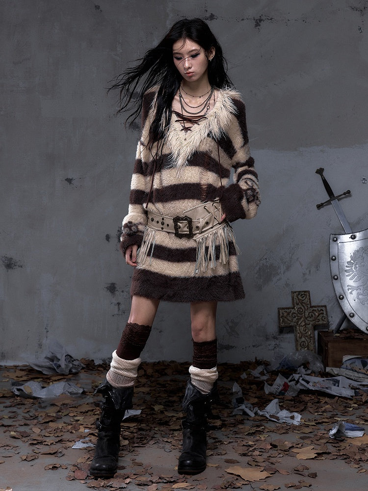 Sweater Vintage Faux Lacing Distressed Collar with Long Striped Yellow Crisscross Brown Punk Mink