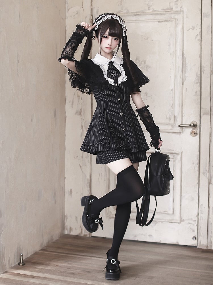 Striped Dress with Lace Cape and Shorts Set - Ekomi