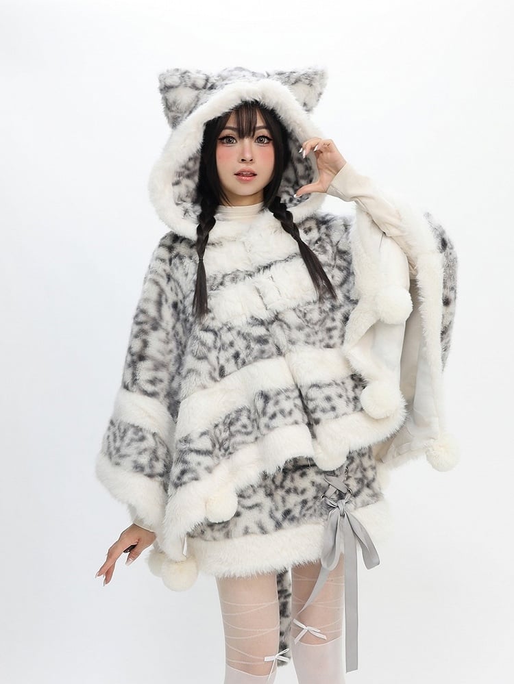 Cape Plush Print Pom-pom Bittersweet Accents Leopard Gray -