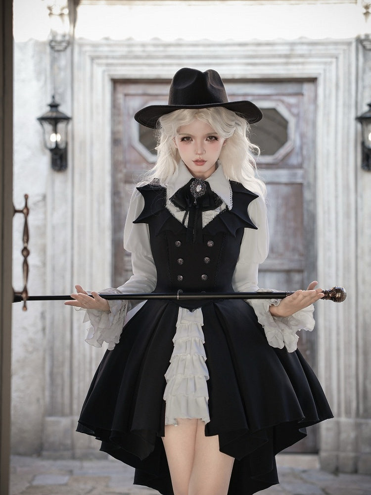 Gothic Lolita Flare Sleeves Shirt + Bat Wings Collar Design JSK Set - The First Witch