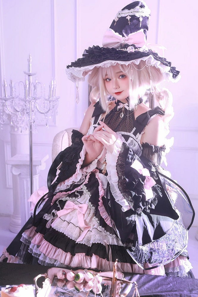 Schwarz-Rosa Süßes Hexenkleid mit hoher Taille, Lolita-Pulloverrock, komplettes Set