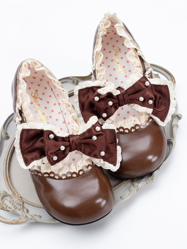 Brown Beaded Lolita Leather in Bow Trim Mid-heel Janes Heart Lace with Beads Mary Buckle Decorated PU