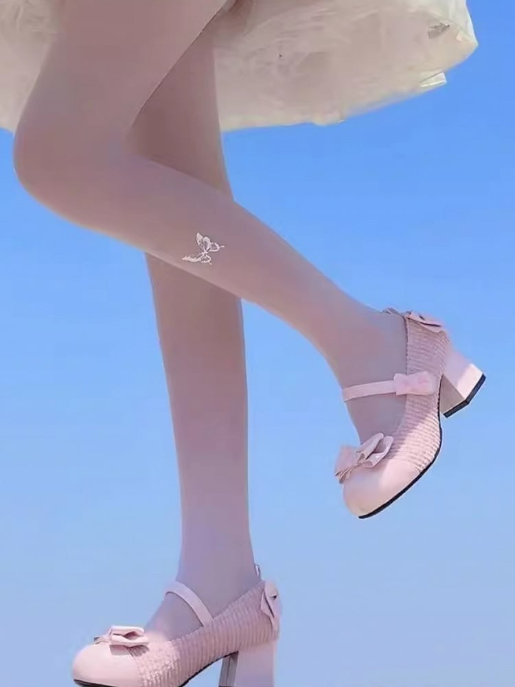 ピンクのリボンとラウンドトゥ、3.5cmブロックヒールのロリータメリージェーン