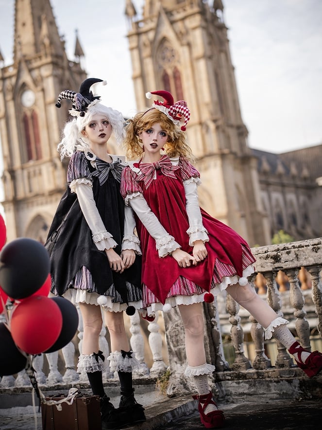 Clowncore Dress KC Printed Waist Lolita Detachable Belt Set Bow - Juliette Panel Red Sleeves + Stripes OP