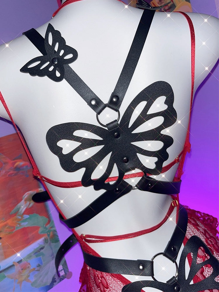 Harness Design Strumpfband mit Gürtel Schmetterling Schwarz PU