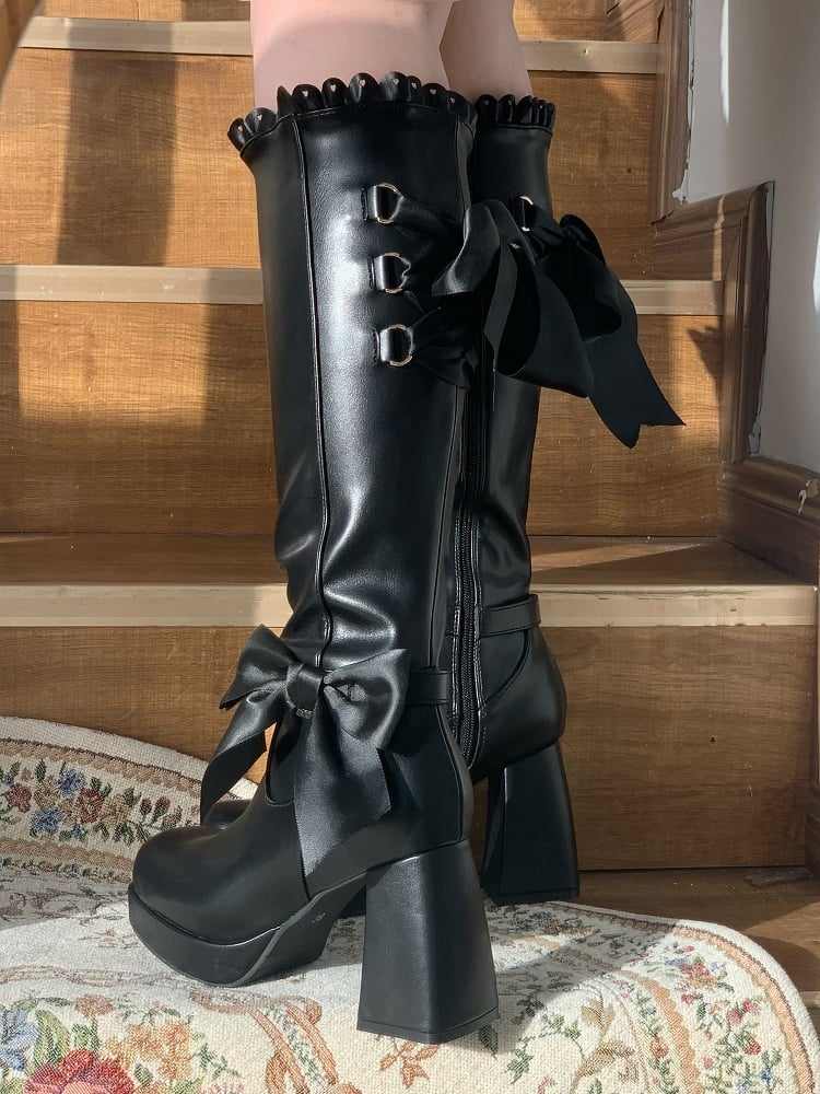 with Elegant Design Lolita Scalloped Black Embellishment Platform Knee-high Boots Bow