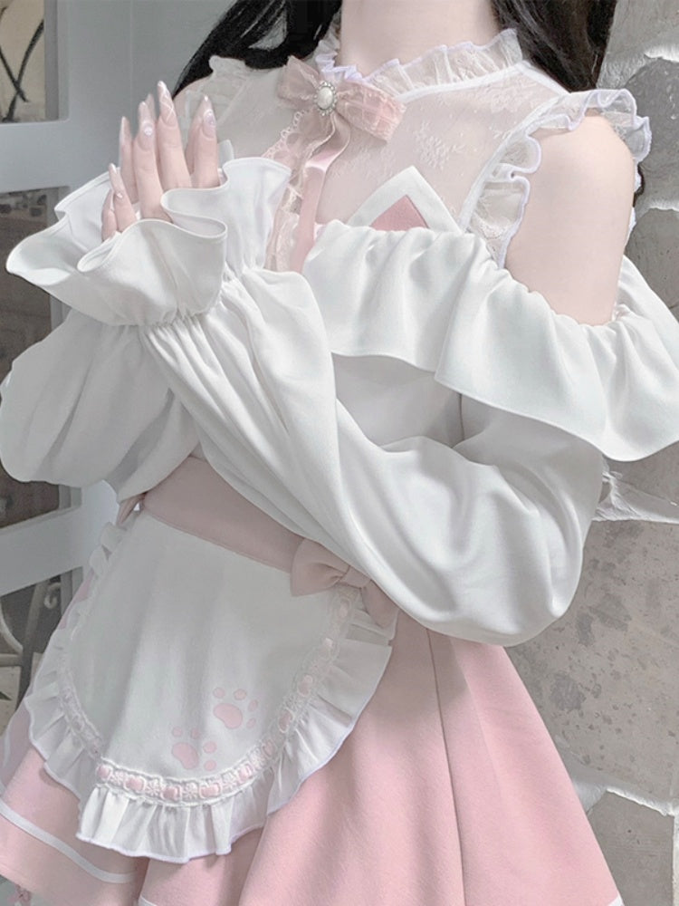 Pink-weißes Jirai Kei-Komplettset – Oberteil mit Illusionsausschnitt, ausgeschnittenen Schultern + Rock im Schürzendesign + Fliege