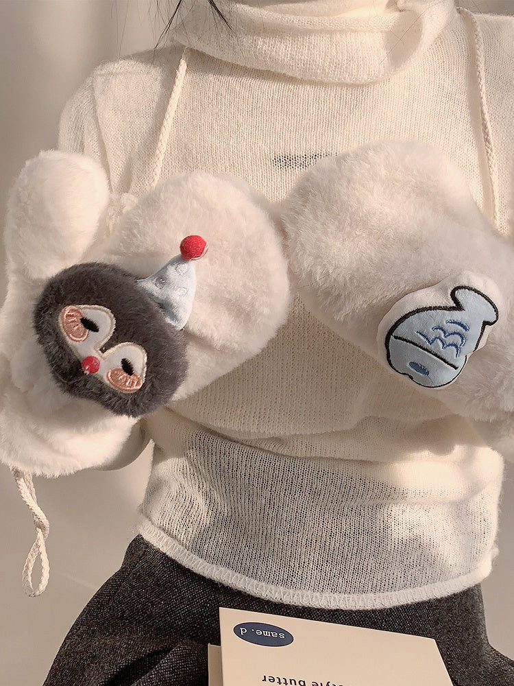 Fish Fur Mittens Penguin Faux White