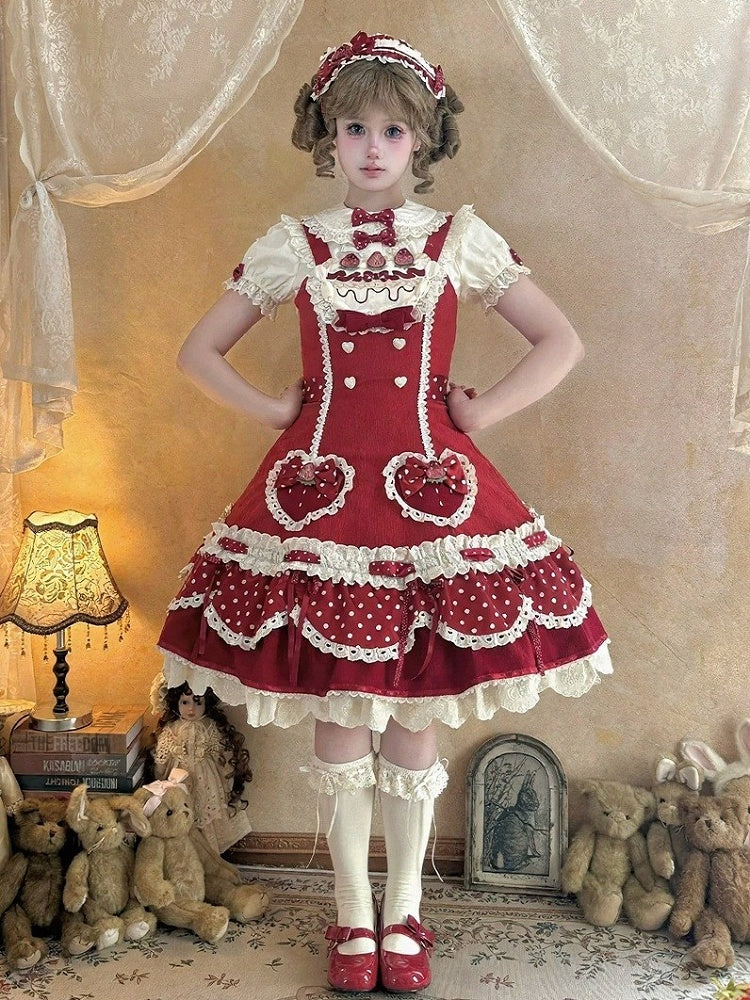 Strawberry-Print JSK Dress with Polka-Dot Bow & Peter Pan Collar Blouse Set - Day Rabbit