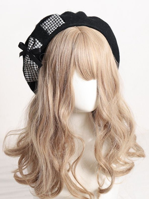 4 Color Options Lolita Houndstooth Bowknot Beret