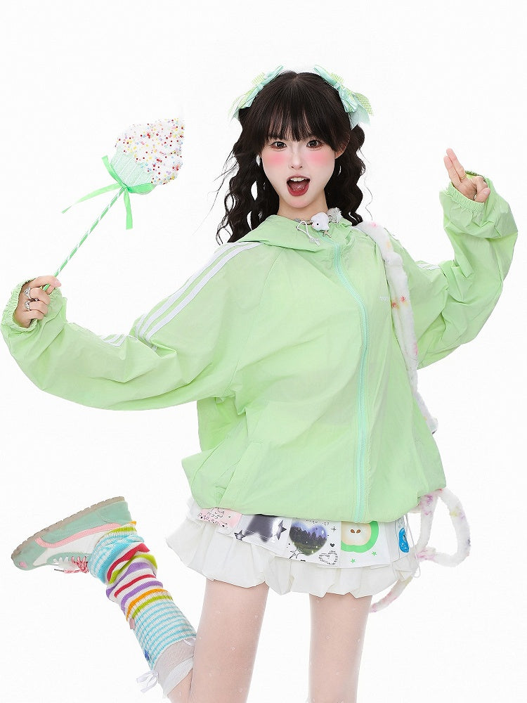 Kawaii Sun Closure Daily Green/Yellow/Pink Cuffs Protection Jacket Elastic Zipper with