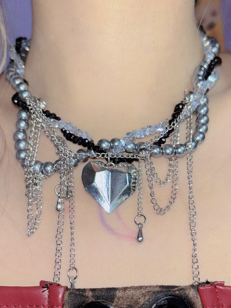 ビーズペンダントネックレス ハート ブラック シルバー