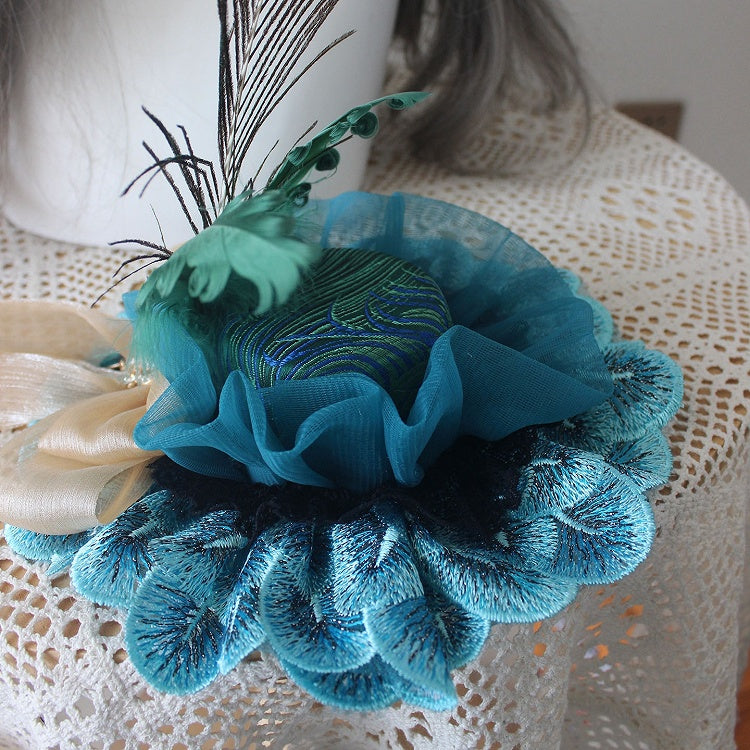 Mini Rhinestone Blue Decorated Bowknot Version Peacock Hat Design Feather Gorgeous