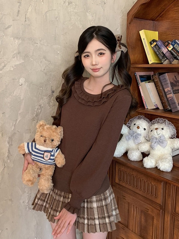 Caramel Bowknot Accent Long Sleeve Blouse with Ruffle Cuffs and Neckline - Lan Jian Chuan