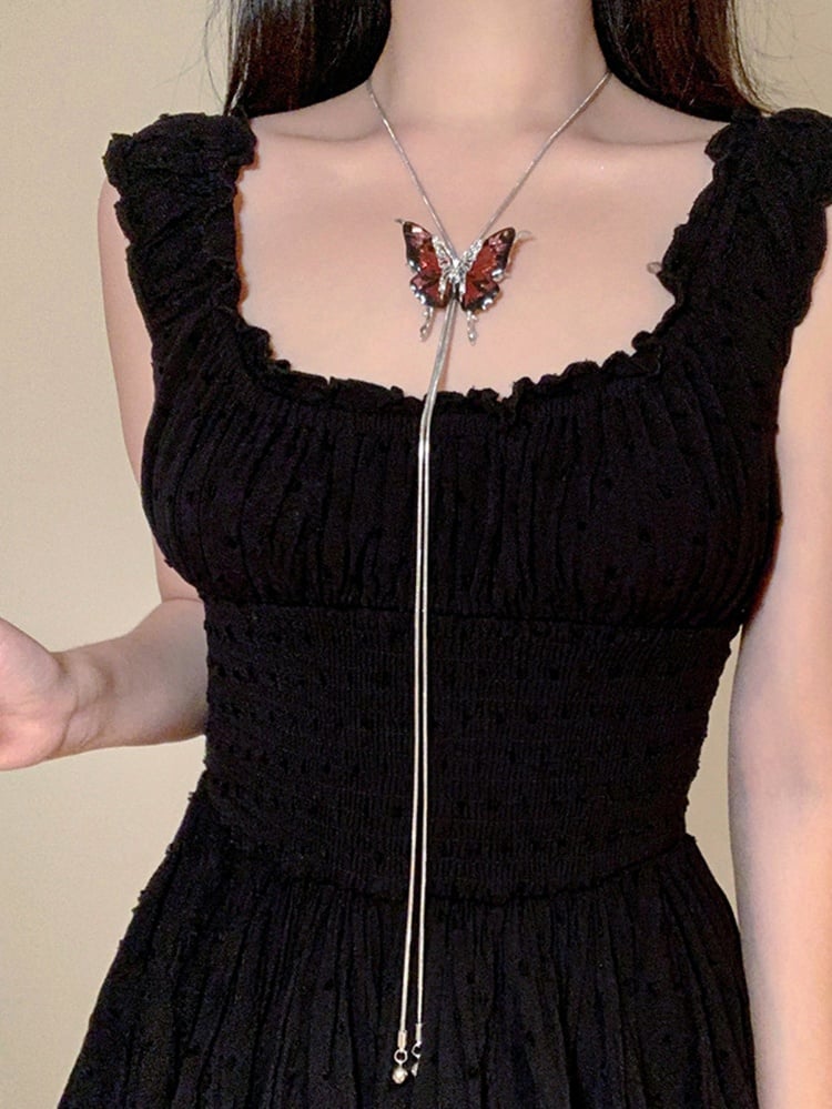 Y2K Rose Rot Dunkelblau Strass Schmetterling Halskette