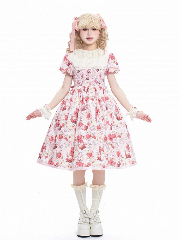 Lace Puff Pink with Sleeves Collar Lolita Beige Dress Print Strawberry Sweet