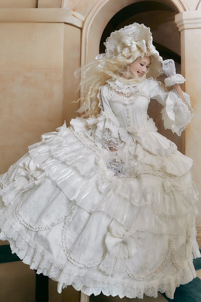 Large Lolita + Gorgeous Sleeves White Bell Hat Hanayome Gloves Dress