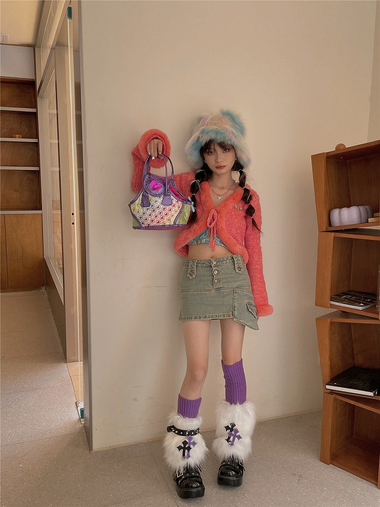 White Cross Decoration Faux Fur Leg Warmers + Purple Knitted Leg Warmers + Black Garter