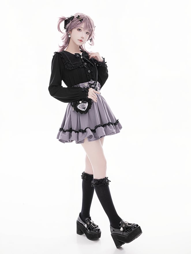 Long Black with Sleeve Lace Kei Detailed Collar Square Beadwork Jirai Blouse Dark Sweetheart