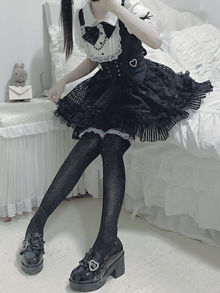 ベルトコルセットストライプスカートウエストパフィードレスレイヤードブラックジライケイホワイトとレースアップ3つのハイ