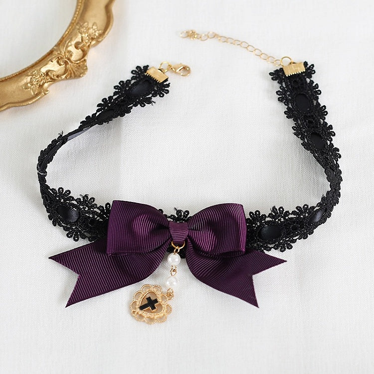 and Lolita Pendant Bowknot Black Gothic Choker With Purple Cross Lace Heart-Shaped