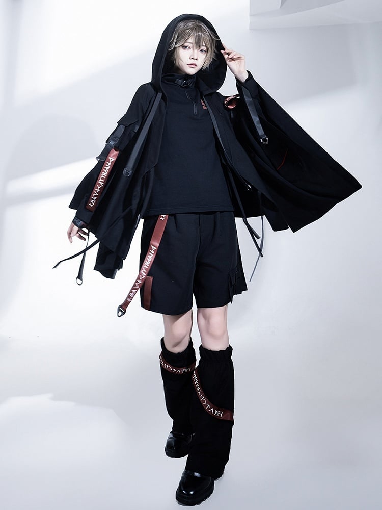 バックルフード付きロリータテックウェア王子ストラップジャケット ブラック