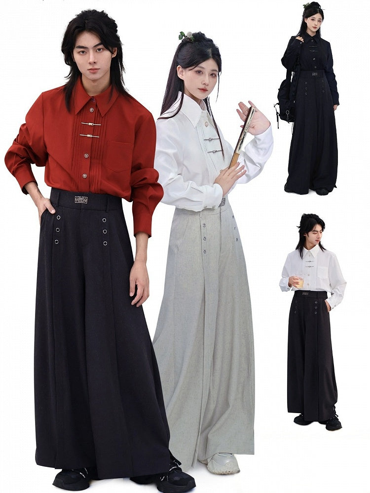 Long Sleeve Pleated Accordion Shirt in White with Metal Frog Button Accents - Feng Hua Gui Guo Ling