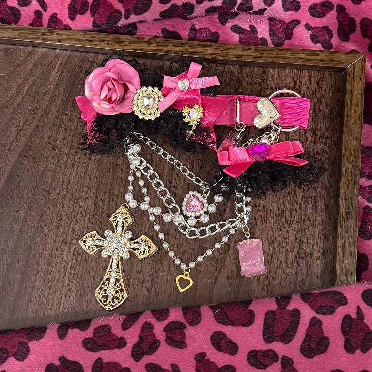 Black Garter Rose Pink Lace -