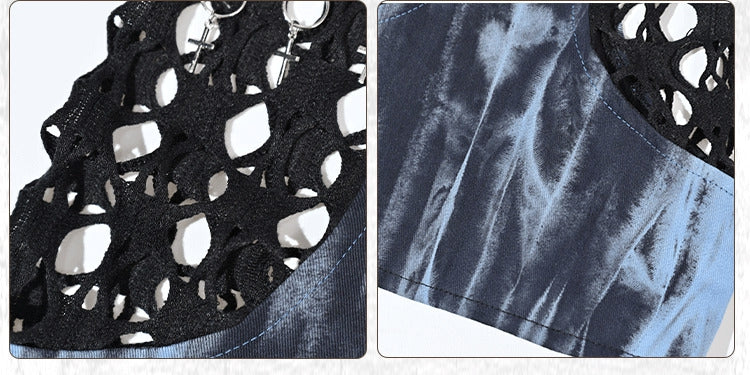 Blue Grunge Mesh Black Tie and Patchwork Dye Rock Leg Punk