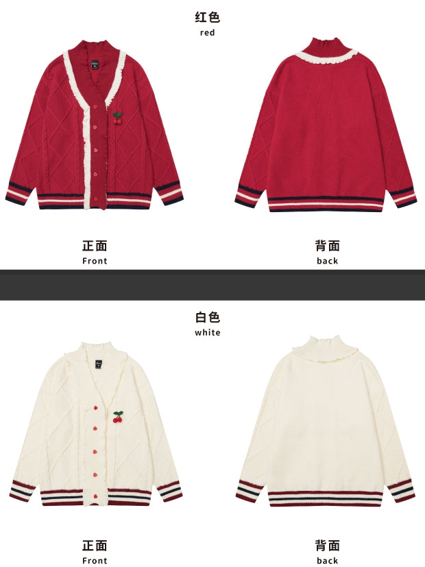 Cherry Adorned White V-neck Christmas Cardigan