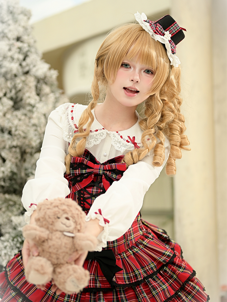 Red & White Peter Pan Collar Blouse with Lace Threading