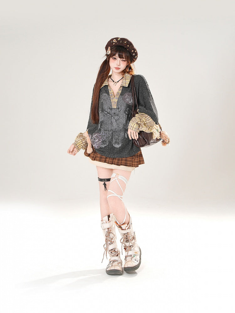 Dark Gray V-Neck Top with Bear Print and Plaid Patchwork Knit