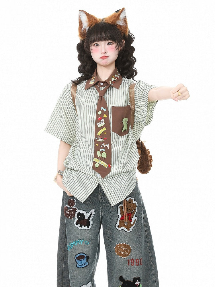Green Striped Puppy Embroidered Tie Shirt - Languid Park