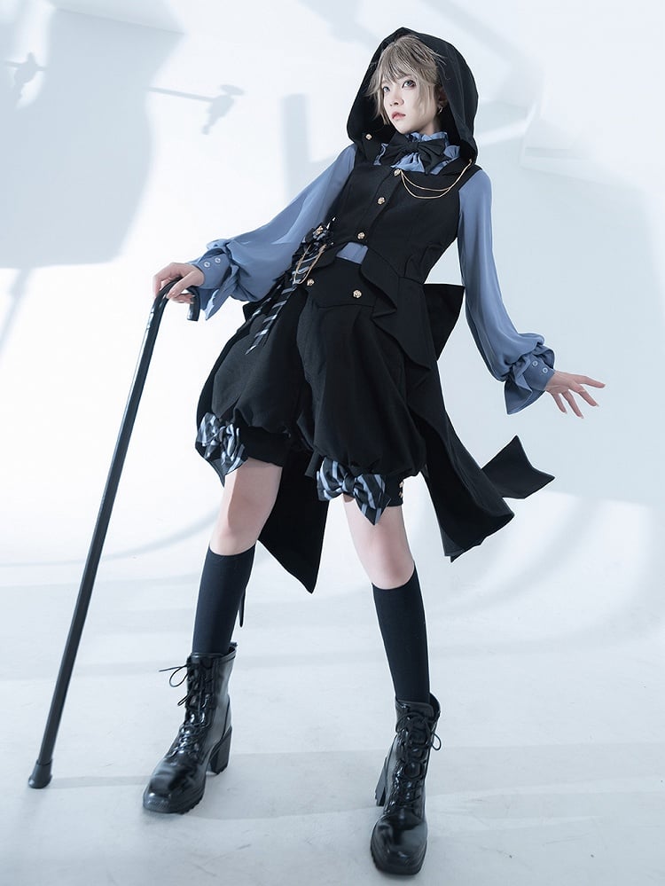 Bow Black with Ouji Train Back Fashion Big Waistcoat Hooded