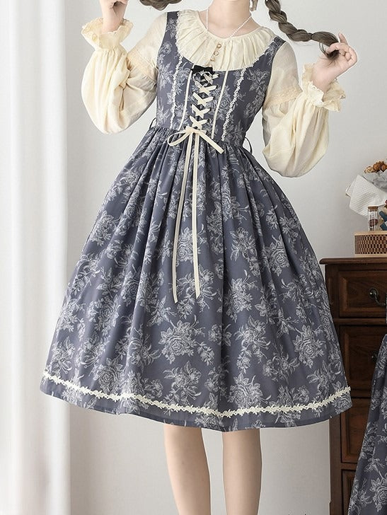 Gray & Beige Rosette Print Long-sleeved Elegant Classic Lolita Dress