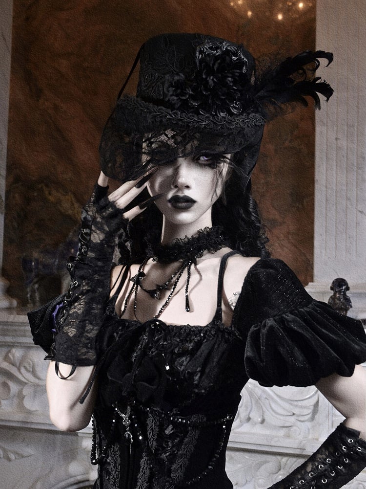 Hat and Feather Goth Floral Victorian-Inspired Top Trim with Lace Accents