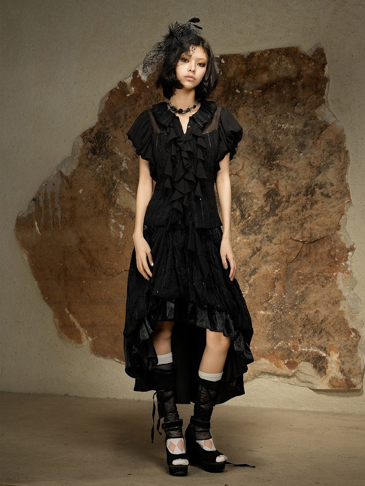 Punk Black Short Sleeve Blouse with Ruffled Trim and Back Lace-Up - ARIADNAw