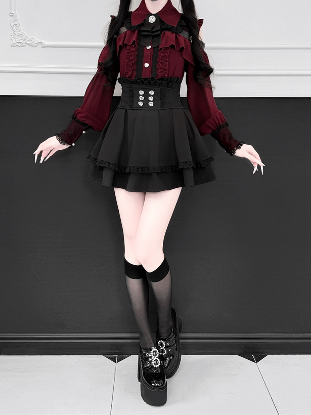 Blouse Ruffle Jirai Cutout With Red Kei Bow Rhinestone Long-Sleeve Dark Trim Lace Shoulder