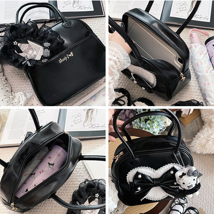Verzierte süße schwarze Handperlentasche Plüsch Lolita Herzschleife