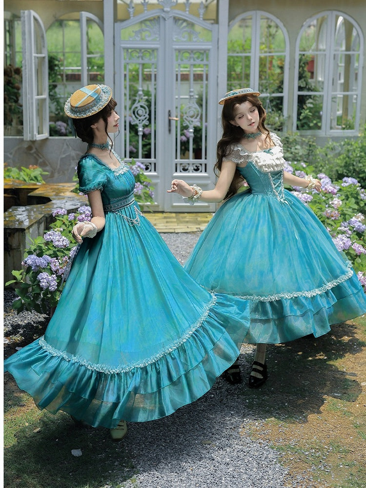 Ruffle Teal Lolita Dress with Chain, Choker & Hat Set - Classic - With PUJI