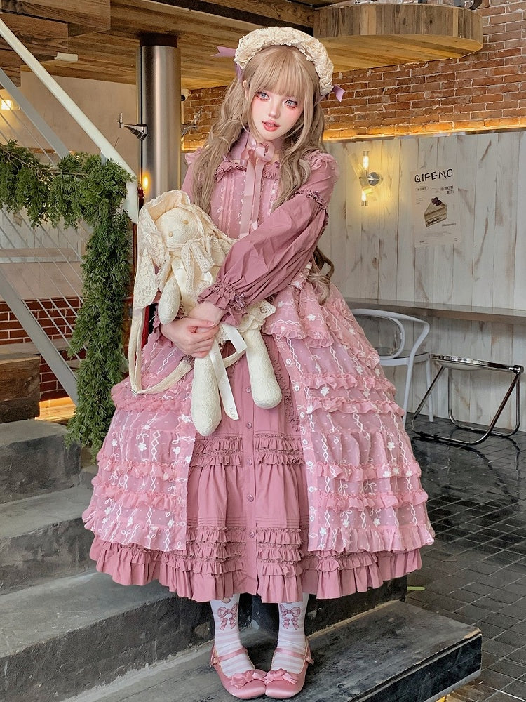 Floral Overdress Lolita Pattern Pink with Bunny Hood Ear Ruffled